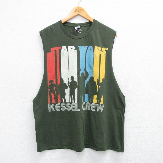 XL★古着 ノースリーブ Tシャツ メンズ スターウォーズ STAR WARS 大きいサイズ コットン クルーネック 濃緑 グリーン 25jul22 中古