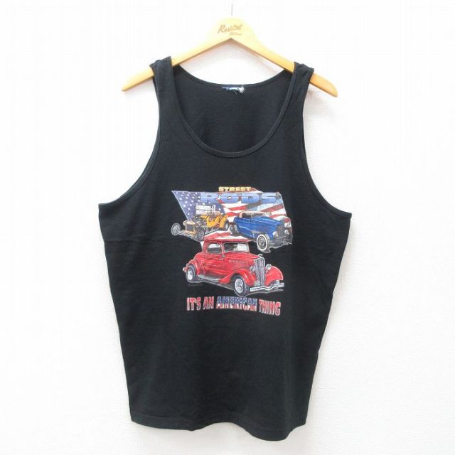 XL★古着 タンクトップ メンズ 車 ホットロッド HOT ROD 星条旗 クルーネック 黒 ブラック 25jul25 中古