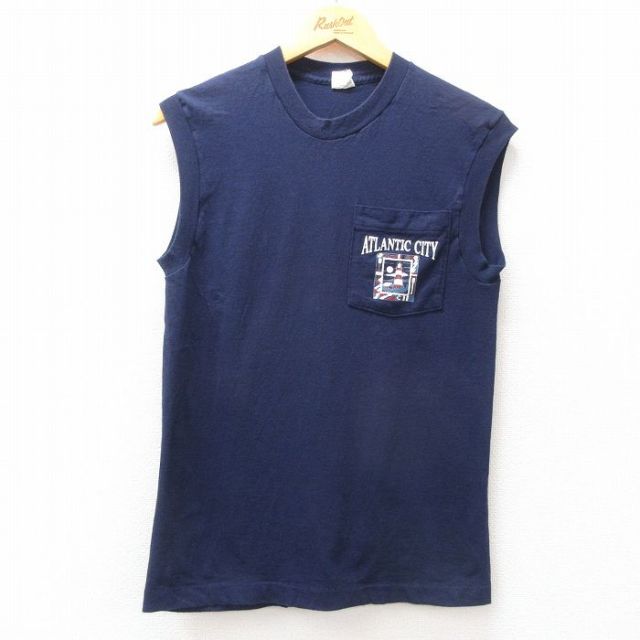 S★古着 フルーツオブザルーム ノースリーブ ビンテージ Tシャツ メンズ 80年代 80s アトランティックシティ 灯台 胸ポケット付き コットン クルーネック USA製 紺 ネイビー 25jul25 中古