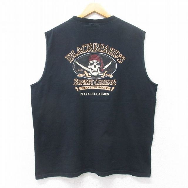 XL★古着 ノースリーブ ビンテージ Tシャツ メンズ 00年代 00s BLACKBEARDS スカル 大きいサイズ コットン クルーネック 黒 ブラック 25jul25 中古