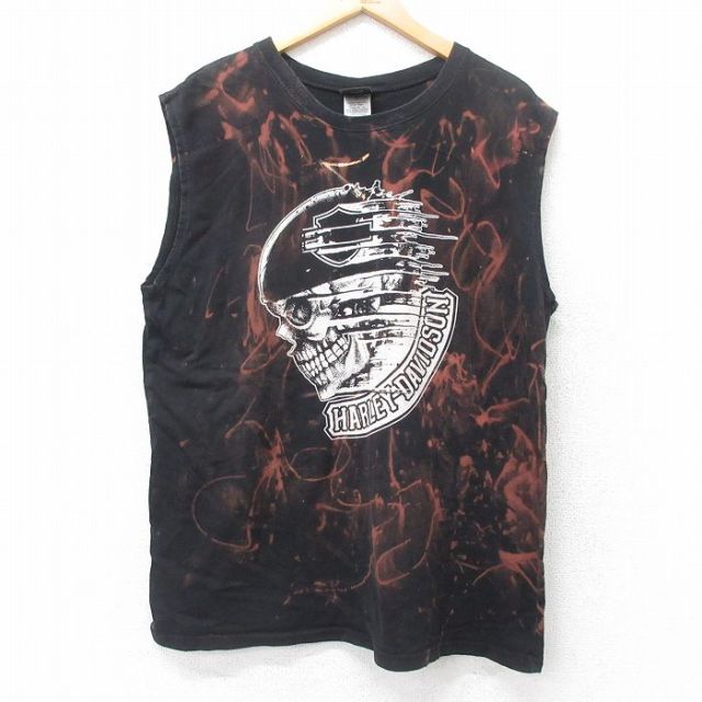 【50%OFF】XL★古着 ハーレーダビッドソン Harley Davidson ノースリーブ Tシャツ メンズ ビッグロゴ スカル 大きいサイズ コットン クルーネック 黒 ブラック ブリーチ加工 25jul25 中古