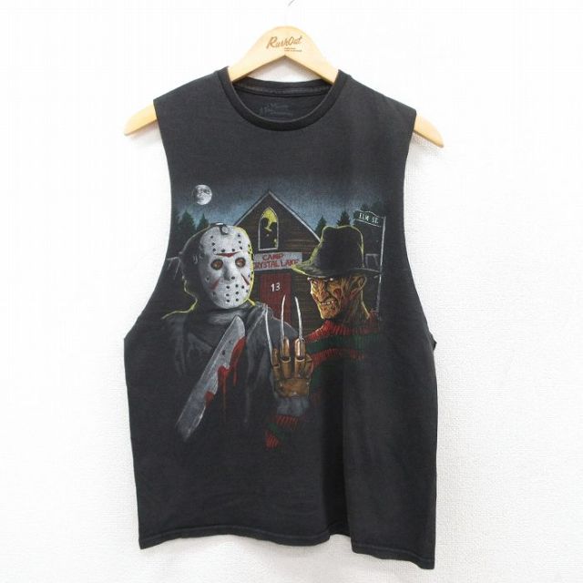 【20%OFF】M★古着 ノースリーブ Tシャツ メンズ 映画 フレディVSジェイソン コットン クルーネック 黒 ブラック 25jul26 中古