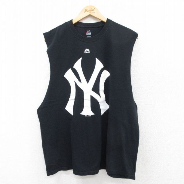 XL★古着 マジェスティック ノースリーブ Tシャツ メンズ MLB ニューヨークヤンキース クルーネック 黒 ブラック メジャーリーグ ベースボール 野球 25jul26 中古