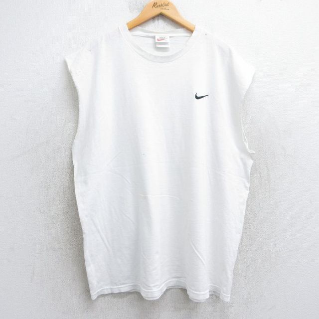 XL★古着 ナイキ NIKE ノースリーブ ビンテージ Tシャツ メンズ 90年代 90s ワンポイントロゴ 大きいサイズ コットン クルーネック USA製 白 ホワイト 【spe】 25jul31 中古