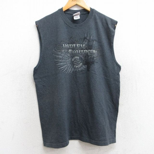 L★古着 ハーレーダビッドソン Harley Davidson ノースリーブ Tシャツ メンズ バイク クルーネック USA製 濃グレー 霜降り 25aug08 中古