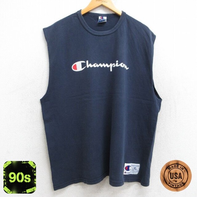 【50%OFF】チャンピオン 90s ノースリーブTシャツ ビッグロゴ ネイビー XL | 古着