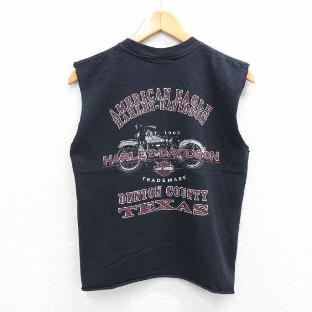 00s ハーレーダビッドソン ノースリーブ tシャツ タンクトップ Lサイズ 古着 90s USA製 HARLEY DAVIDSON シールド&バー バイク カット
