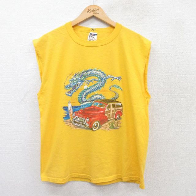 L★古着 ジャージーズ ノースリーブ Tシャツ メンズ 車 サーフボード ドラゴン コットン クルーネック 黄 イエロー 25aug12 中古