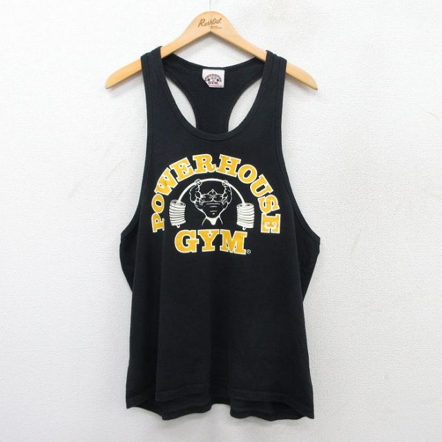 L★古着 タンクトップ メンズ 90年代 90s POWERHOUSE GYM コットン Vネック 黒 ブラック 25aug12 中古