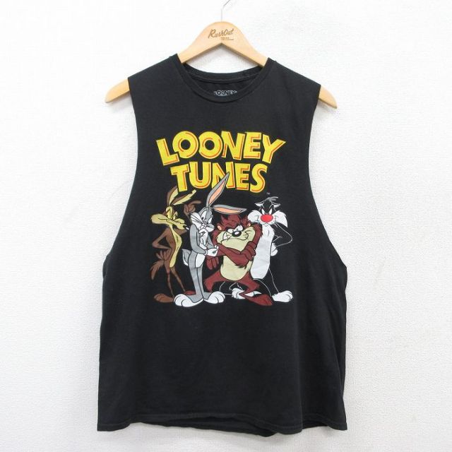L★古着 ノースリーブ Tシャツ メンズ ルーニーテューンズ LOONEY TUNES バッグスバニー タズ シルベスター 両面プリント コットン クルーネック 黒 ブラック 25aug13 中古