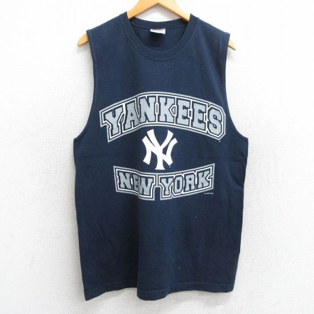 L★古着 ノースリーブ ビンテージ Tシャツ メンズ 00年代 00s MLB ニューヨークヤンキース コットン クルーネック 紺 ネイビー メジャーリーグ ベースボール 野球 25aug13 中古