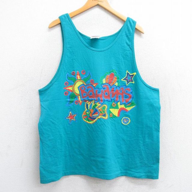 XL★古着 ヘインズ Hanes ビンテージ タンクトップ メンズ 90年代 90s バハマ 魚 コットン クルーネック USA製 青緑 25aug13 中古