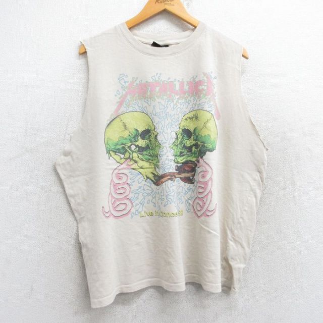 【50%OFF】XL★古着 ノースリーブ ロック バンド Tシャツ メンズ メタリカ パスヘッド 大きいサイズ コットン クルーネック 薄ベージュ カーキ 【spe】 25aug13 中古