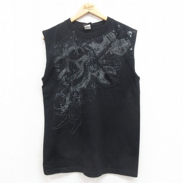 M★古着 ハーレーダビッドソン Harley Davidson ビンテージ ノースリーブ Tシャツ メンズ 00年代 00s スカル 胸ポケット付き USA製 黒 ブラック 【spe】 25aug13 中古