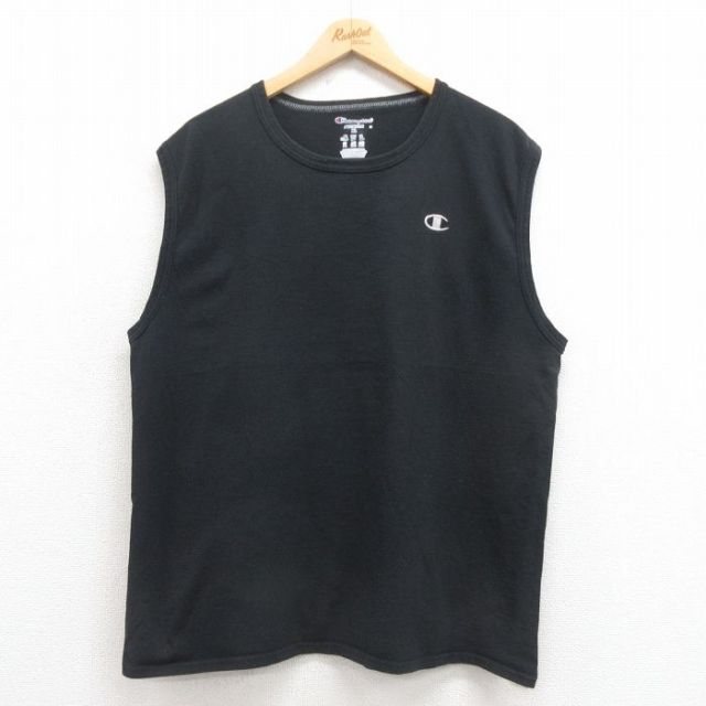 XL★古着 チャンピオン Champion ノースリーブ Tシャツ メンズ ワンポイントロゴ コットン クルーネック 黒 ブラック 25aug18 中古