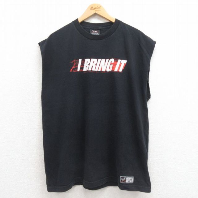 XL★古着 ノースリーブ Tシャツ メンズ ワールドプロレスリング I BRING IT コットン クルーネック 黒 ブラック 25aug18 中古