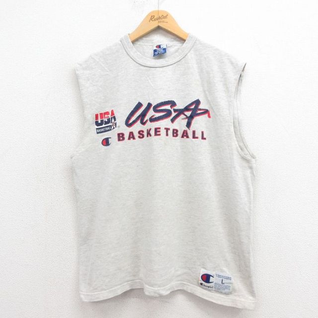 XL★古着 チャンピオン Champion ビンテージ ノースリーブ Tシャツ メンズ 90年代 90s NBA USAドリームチーム コットン クルーネック USA製 グレー 霜降り 25aug18 中古