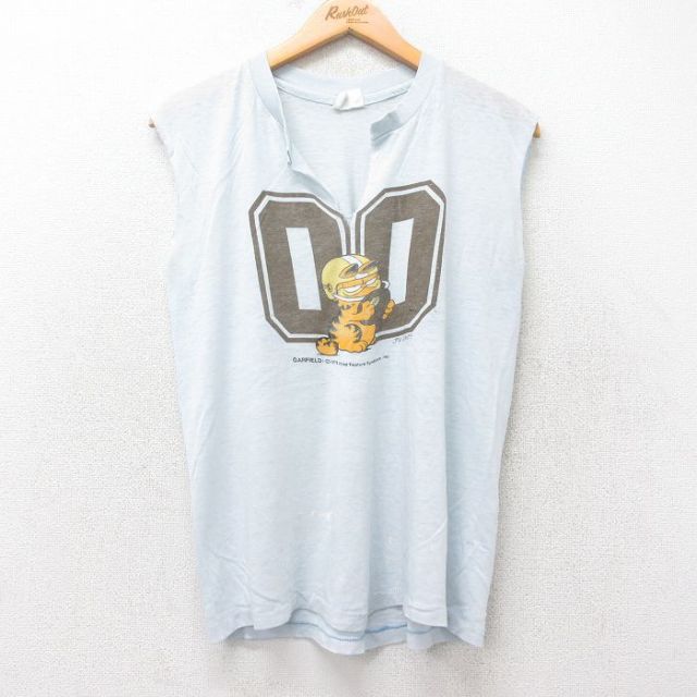 M★古着 ノースリーブ ビンテージ Tシャツ メンズ 70年代 70s ガーフィールド 染込プリント クルーネック 薄紺 ネイビー 25aug20 中古