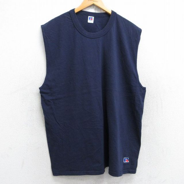 ラッセル 90s ノースリーブTシャツ ワンポイントロゴ ネイビー XL | 古着