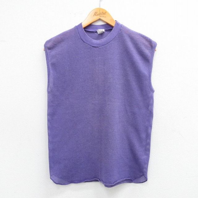M★古着 ノースリーブ ビンテージ Tシャツ メンズ 90年代 90s 無地 メッシュ クルーネック USA製 紫 パープル 25aug25 中古