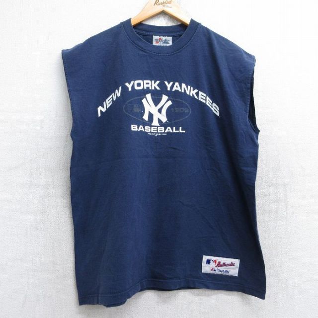 XL★古着 マジェスティック ノースリーブ ビンテージ Tシャツ メンズ 00年代 00s MLB ニューヨークヤンキース コットン クルーネック 紺 ネイビー メジャーリーグ ベースボール 野球 25aug28 中古