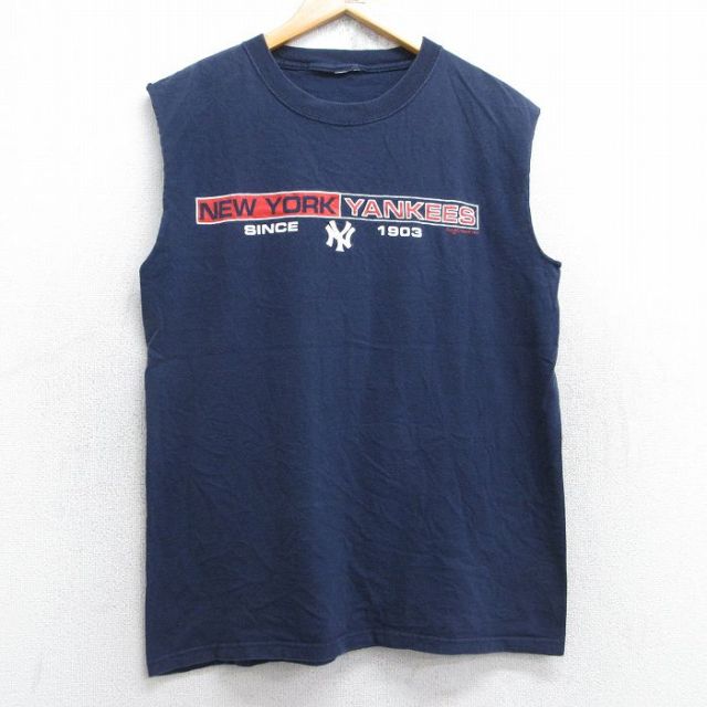 L★古着 ノースリーブ ビンテージ Tシャツ メンズ 00年代 00s MLB ニューヨークヤンキース クルーネック 紺 ネイビー メジャーリーグ ベースボール 野球 25aug28 中古