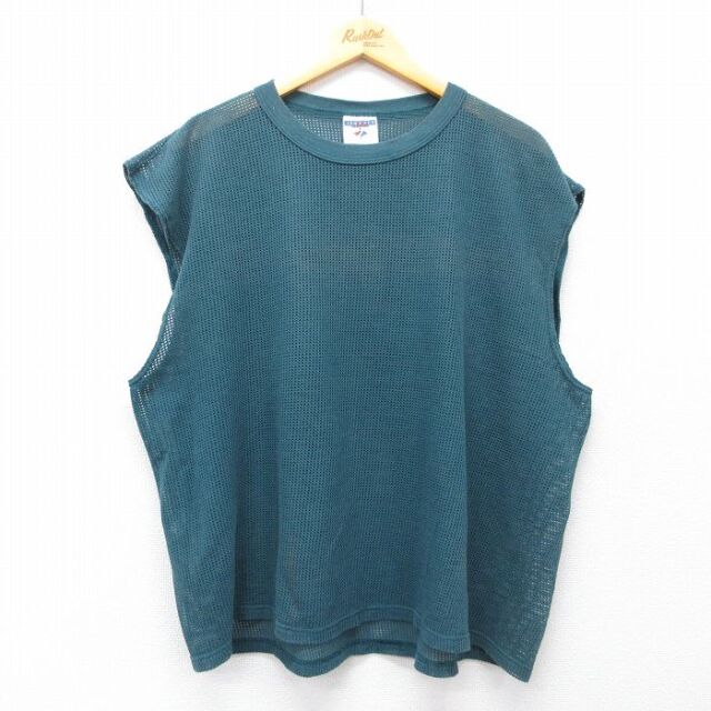XL★古着 ジャージーズ ノースリーブ ビンテージ Tシャツ メンズ 90年代 90s 無地 メッシュ地 大きいサイズ クルーネック USA製 濃緑 26apr18