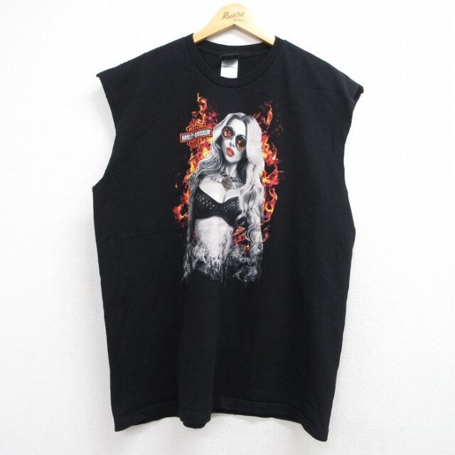 XL★古着 ハーレーダビッドソン ノースリーブ Tシャツ メンズ ビッグロゴ 女性 大きいサイズ コットン クルーネック USA製 ブラック 26jun10