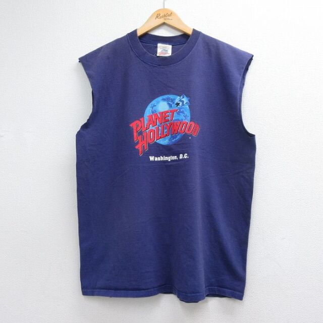 XL★古着 ノースリーブ ビンテージ Tシャツ メンズ 90年代 90s プラネットハリウッド コットン クルーネック USA製 ネイビー 26jul03