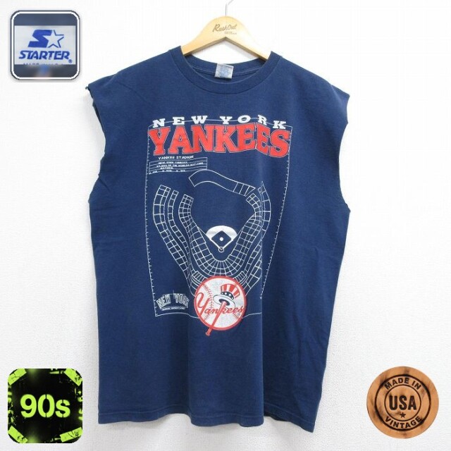 スターター 90s ノースリーブTシャツ MLB ニューヨークヤンキース ネイビー メンズXL相当 | 古着