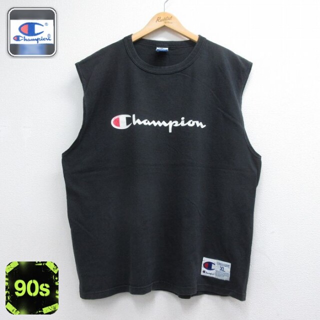 チャンピオン 90s ノースリーブTシャツ ビッグロゴ ブラック メンズXL相当 | 古着