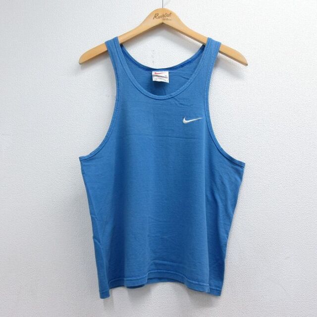 M★古着 ナイキ NIKE ビンテージ タンクトップ メンズ 90年代 90s ワンポイントロゴ コットン クルーネック USA製 ブルー【spe】 26jul09