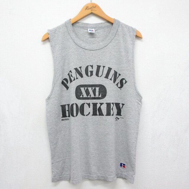 M★古着 ラッセル ノースリーブ ビンテージ Tシャツ メンズ 80年代 80s NHL ピッツバーグペンギンズ クルーネック USA製 グレー 霜降り アイスホッケー【spe】 26jul09