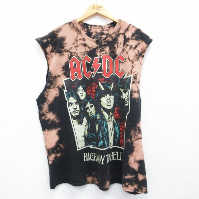 XL★古着 ノースリーブ ロック バンド Tシャツ メンズ AC/DC 大きいサイズ コットン クルーネック ブラック タイダイ 26jul10