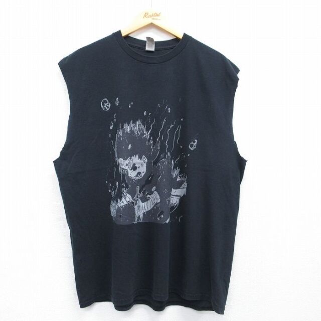 XL★古着 ノースリーブ Tシャツ メンズ アニメ ナルト疾風伝 ロックリー コットン クルーネック ブラック 26jul10