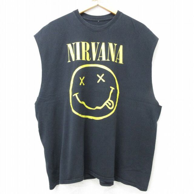 XL★古着 ノースリーブ ロック バンド Tシャツ メンズ ニルバーナ ニルヴァーナ 大きいサイズ コットン クルーネック ブラック 26jul10