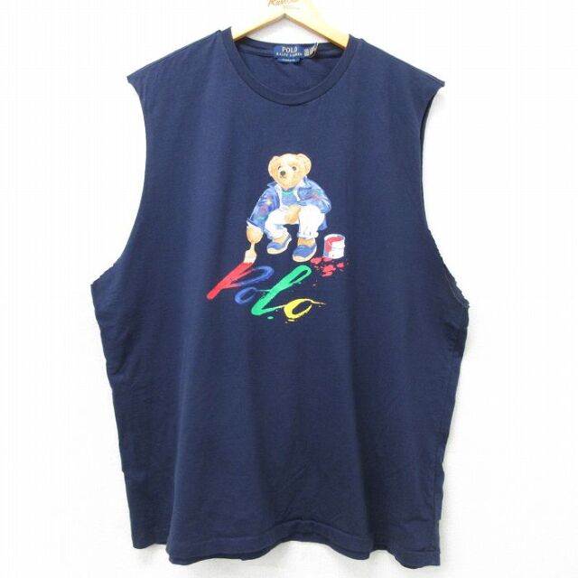 XL★古着 ラルフローレン ノースリーブ ブランド Tシャツ メンズ ポロベア 大きいサイズ コットン クルーネック ネイビー 26jul10