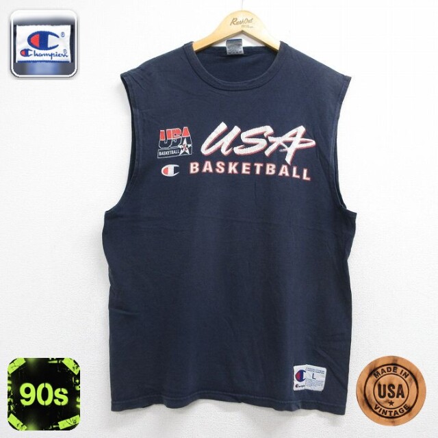 チャンピオン 90s ノースリーブTシャツ USAドリームチーム ネイビー メンズXL相当 | 古着