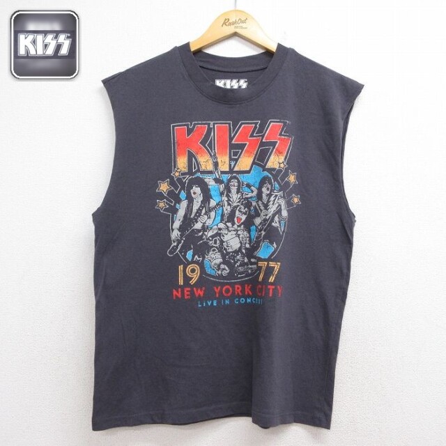 ノースリーブロックTシャツ KISSプリント グレー メンズL相当 | 古着