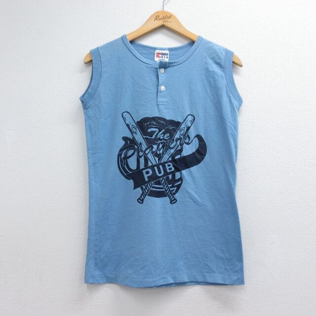 S★古着 ノースリーブ ビンテージ Tシャツ メンズ 90年代 90s プレイヤーズ ヘンリーネック USA製 ライトブルー 26jul30