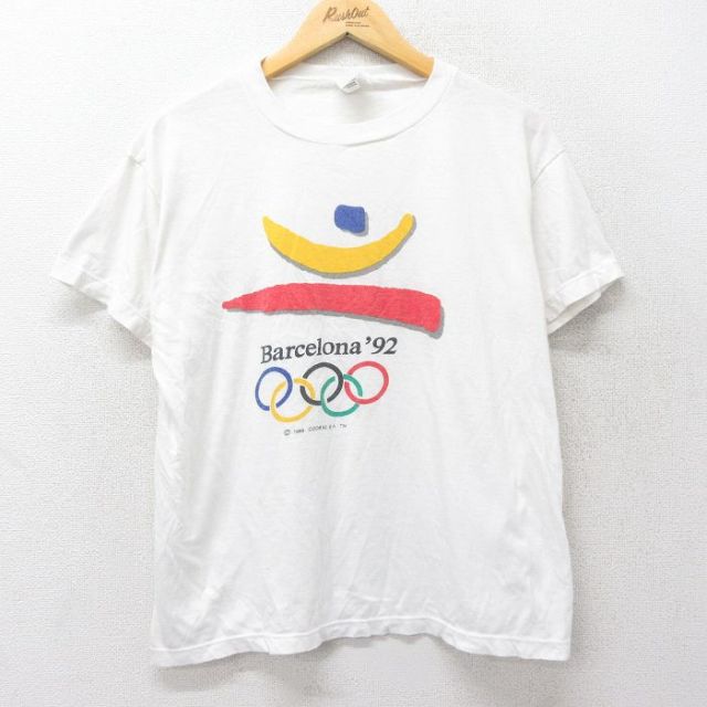 L★古着 半袖 ビンテージ Tシャツ メンズ 90年代 90s バルセロナオリンピック クルーネック 白 ホワイト 24feb23 中古