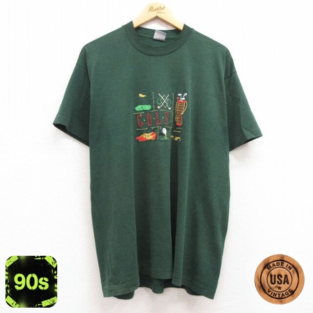 【50%OFF】フルーツオブザルーム 90s 半袖Tシャツ ゴルフ刺繍 グリーン XL | 古着