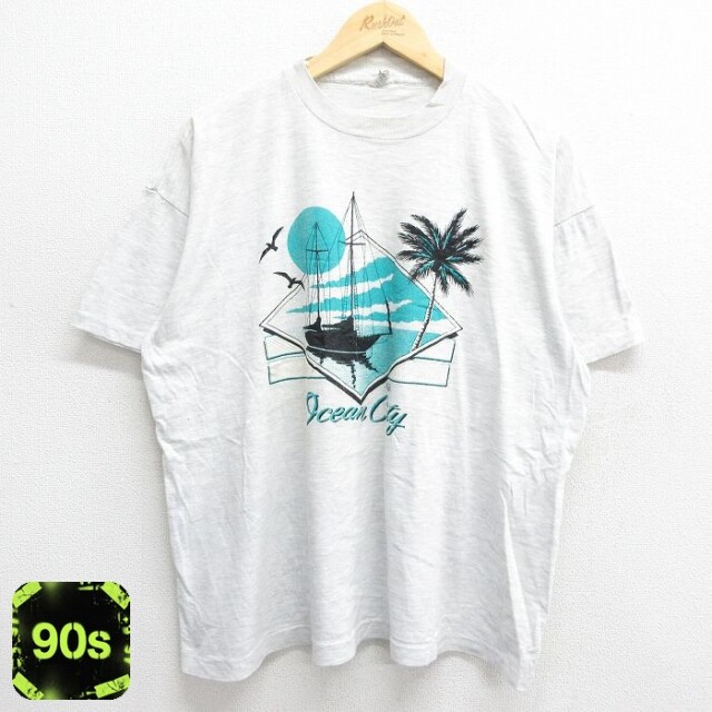 90s 半袖Tシャツ ヨット ヤシの木 オーシャンシティ グレー XL | 古着