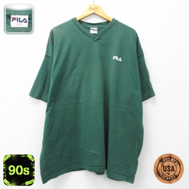 【50%OFF】フィラ 90s 半袖Tシャツ ワンポイントロゴ グリーン XL | 古着
