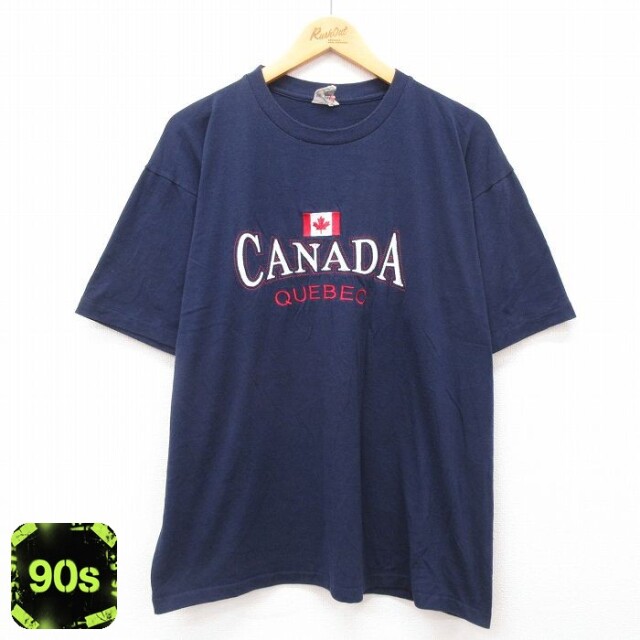 90s 半袖Tシャツ ケベック国旗刺繍 ネイビー XL | 古着