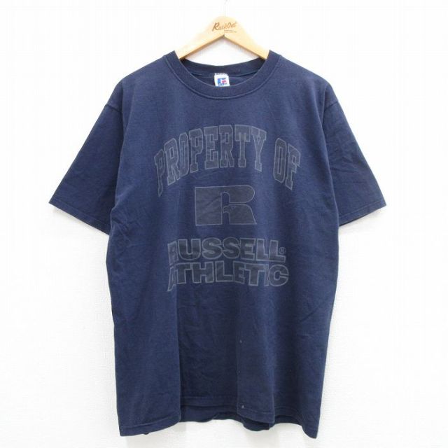 L★古着 ラッセル 半袖 ビンテージ Tシャツ メンズ 90年代 90s ビッグロゴ コットン クルーネック USA製 紺 ネイビー 【spe】 24apr16 中古