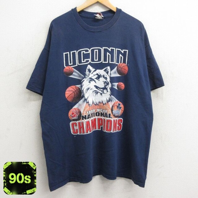 90s 半袖Tシャツ コネチカットハスキーズバスケットボール ネイビー XL | 古着