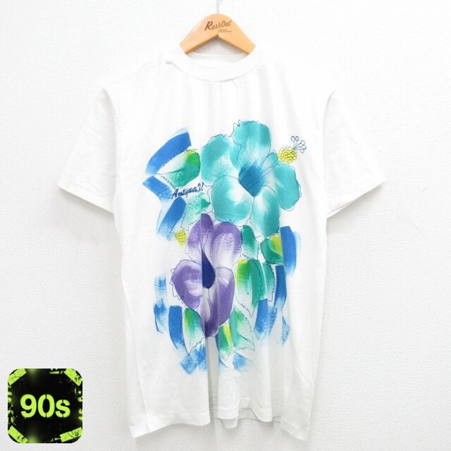 90s 半袖Tシャツ ハイビスカスハンドペイント ホワイト L | 古着