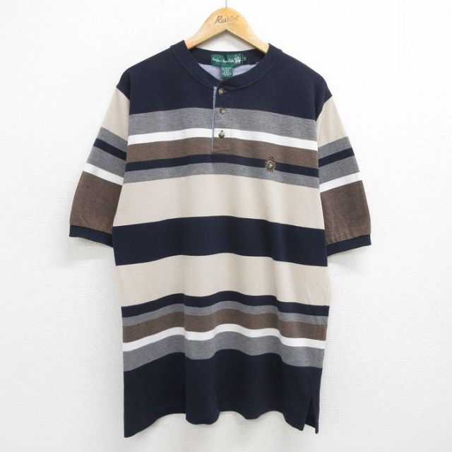 90s 半袖Tシャツ ヘンリーネック ネイビーボーダー XL | 古着