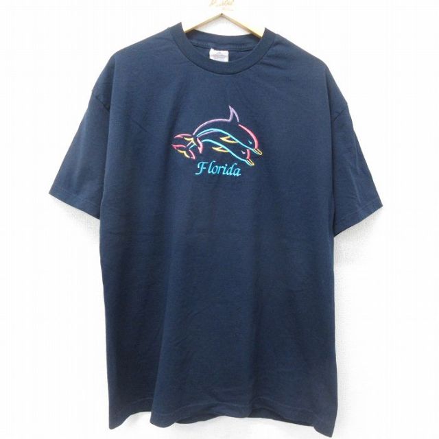 00s 半袖Tシャツ イルカ刺繍 ネイビー XL | 古着